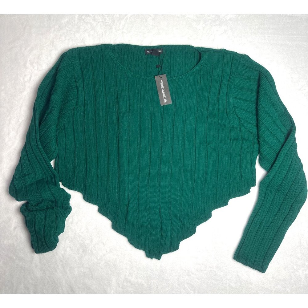 NWT~Pretty Little Thing  Sz XL Cropped Cable Knit Dip Hem Sweater KELLY GREEN - Picture 3 of 16